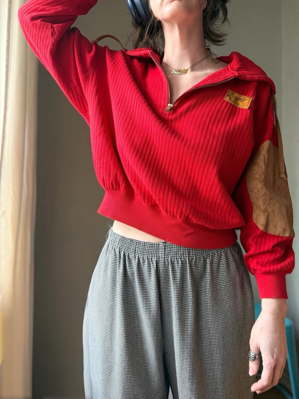 Vintage 80s Cropped Pullover | Red Knit Quarter Zip | Suede Elbow Patches | M/L